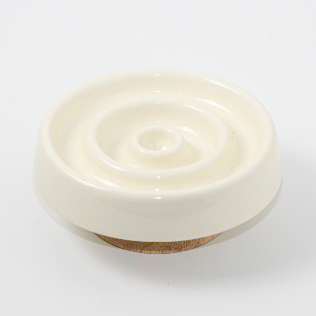 早食い防止 木と陶器のスローフィードフードボウル|アイボリー