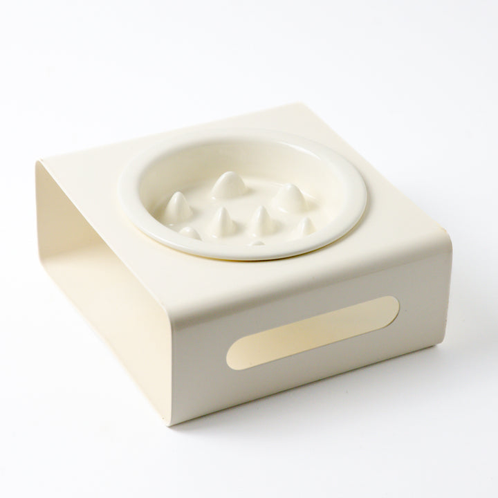 早食い防止 陶器フードボウルとメタルスタンド|アイボリー