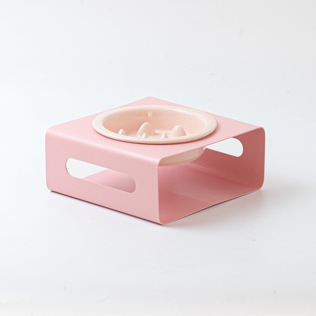 早食い防止 陶器フードボウルとメタルスタンド|ピンク