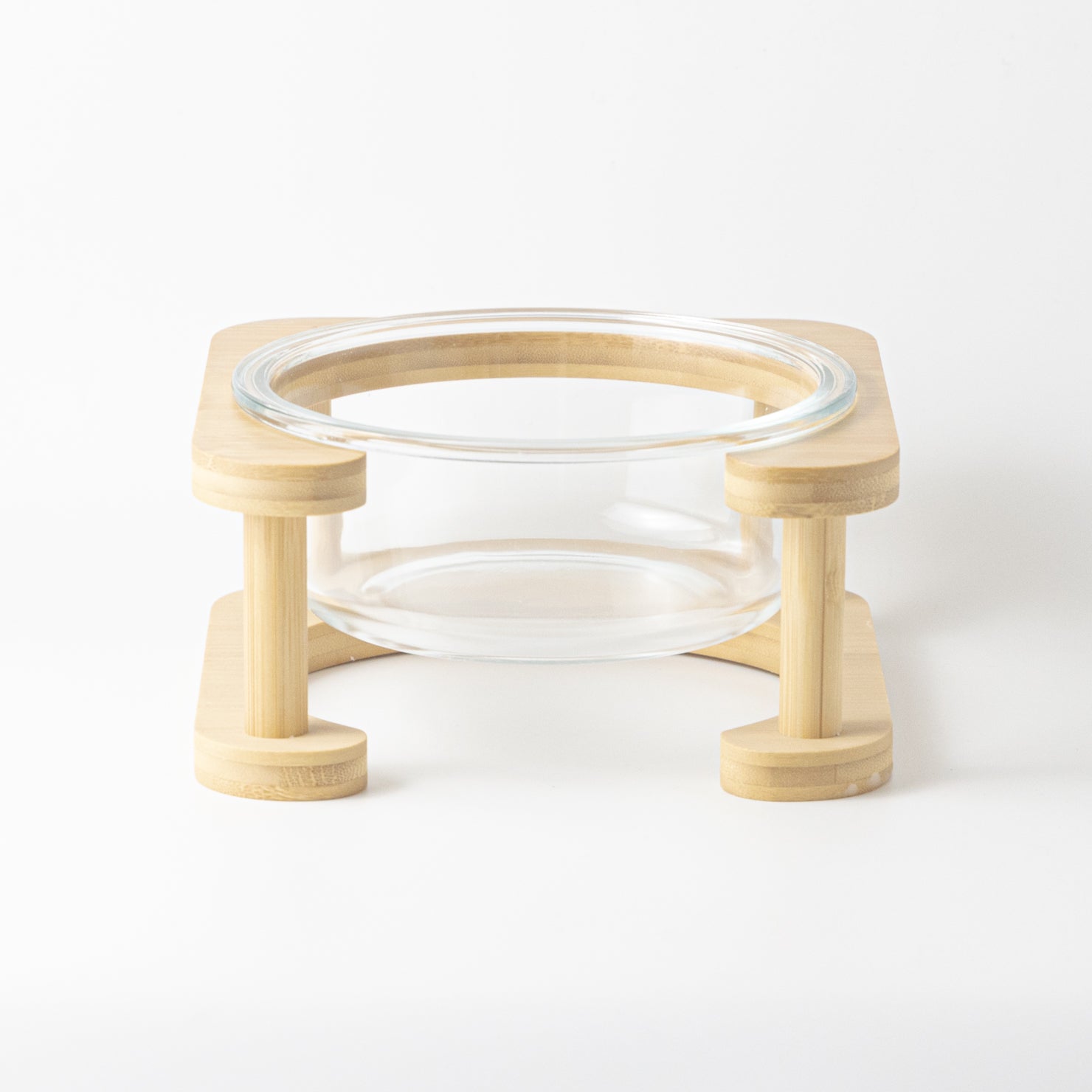 頸椎に優しいガラス製フードボウル｜竹製スタンド付きペット食器